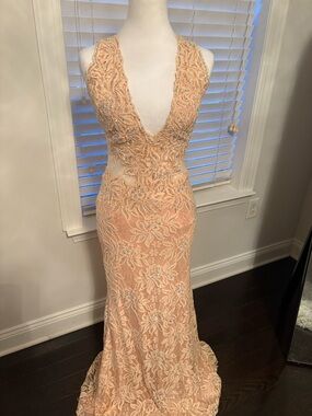 Jovani Prom 93141 Peach Lace Plunge Neck Dress